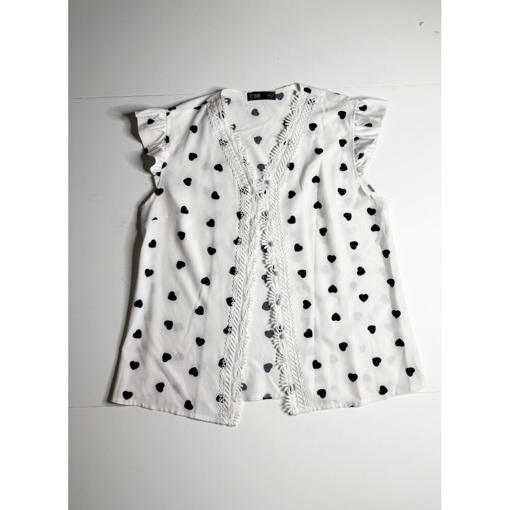 White Sleeveless Heart Print Blouse W/ Lace Details & Ruffled Shoulders